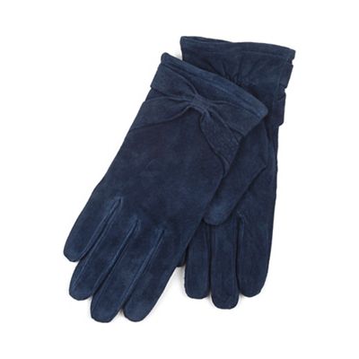 Isotoner Ladies Navy Genuine Suede Glove with Bow Detail